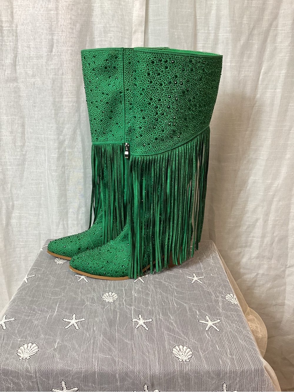 Women’s Green Rhinestone Fringe Knee High Cowboy boots; Size: 9
